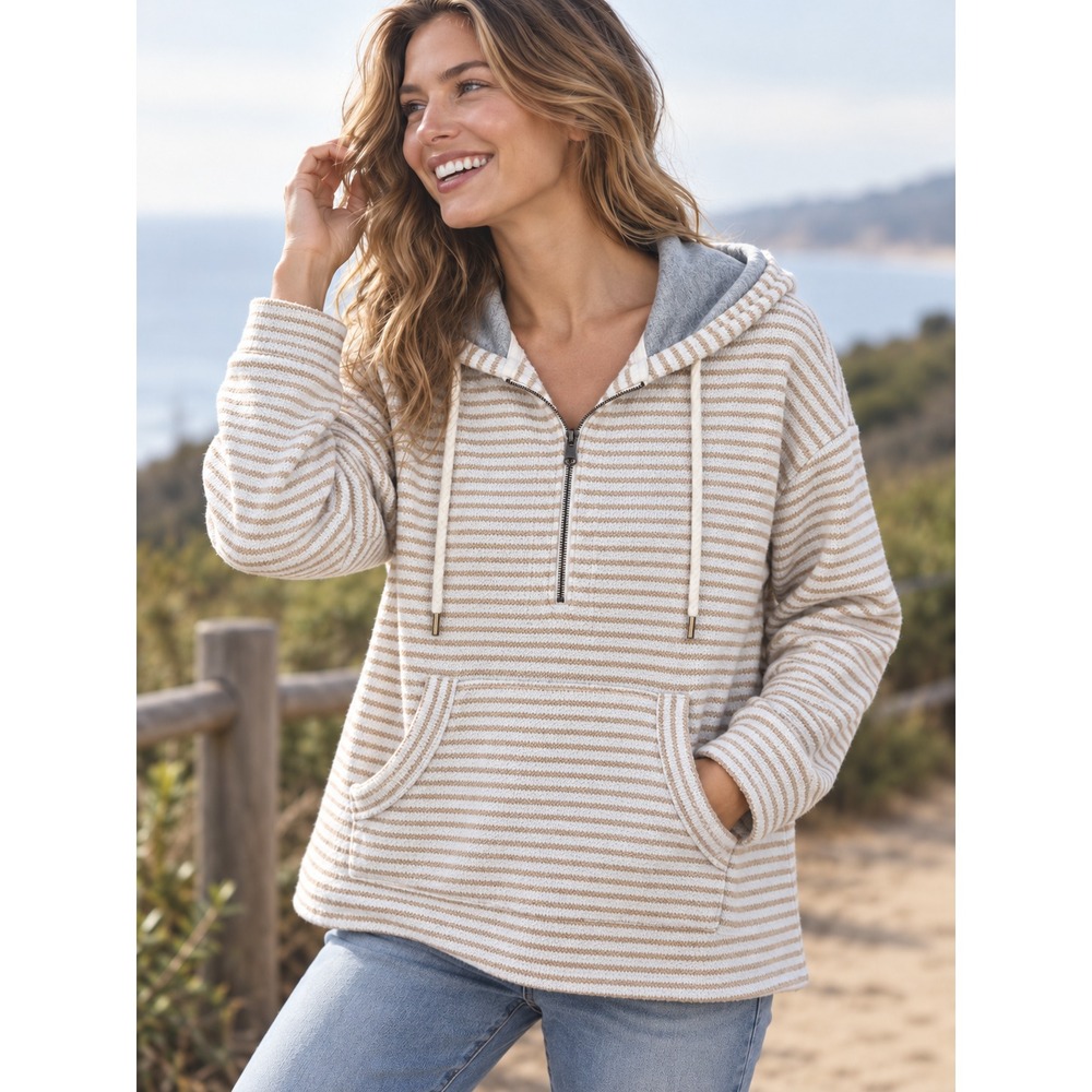 Lou & Grey Striped Terry Textured Quarter Zip Hoodie Size S Cream Beige Cozy